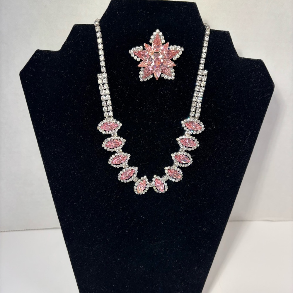 Albert Weiss Pink Rhinestones Necklace Star Brooch Estate Signed Pink Clear